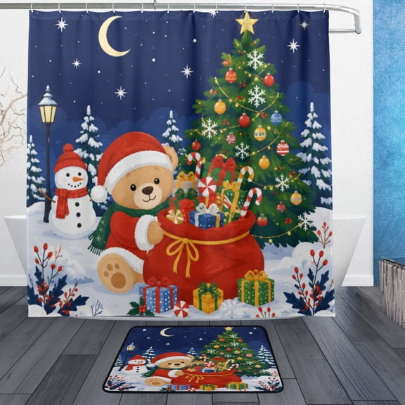 72" x 72" Shower Curtain and Bath Mat Set Waterproof Bathroom Curtain with 12 Hooks Christmas Bear Bag Bathroom Decor Set
