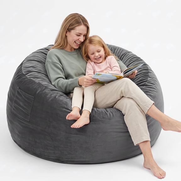 Skandiquip 3.5ft Bean Bag Chair for Adults & Kids, Memory Foam Filled, Washable Suede Fabric, Sturdy Zipper for Home, Den, Dorm,Dark Gray