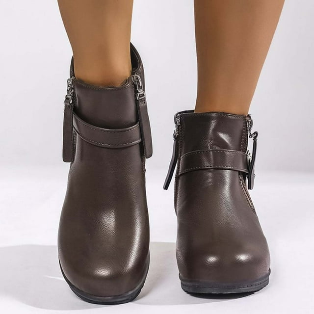 Fankiway Bottes à Talon Compensé pour Femmes, Bottines pour Femmes à Double Fermeture Éclair, Double Boucle, Bottes de Mode Automne Hiver, Bottes Décontractées Confortables, Brun