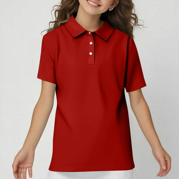 HAJWOH Girls Polo Uniform Shirts Short Sleeve Top Casual Button Tshirts 2025 Summer New with Collar Polo Shirts Comfy Clothes Red 11-12 Years