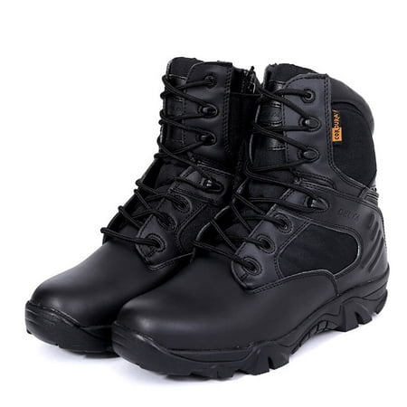 Tactical Ankle-high Leather Boots, Waterproof Hiking Boots Side Zippered Work Boots for Men Color:Black