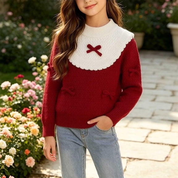 Little Girls Wavy Cable Knit Scalloped Collar Multi Bow Sweater Long Sleeve Crew Neck Holiday Soft Fall Winter Kids Pullover Red 7-8 Years