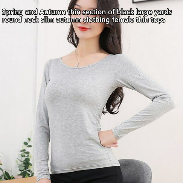 Female Thermal Underwear Long Sleeve Round Neck Autumn Bottoming Shirt Home  Office Sleep Inner Wear Warm Undershirt Woman 2Pcs Black White XL