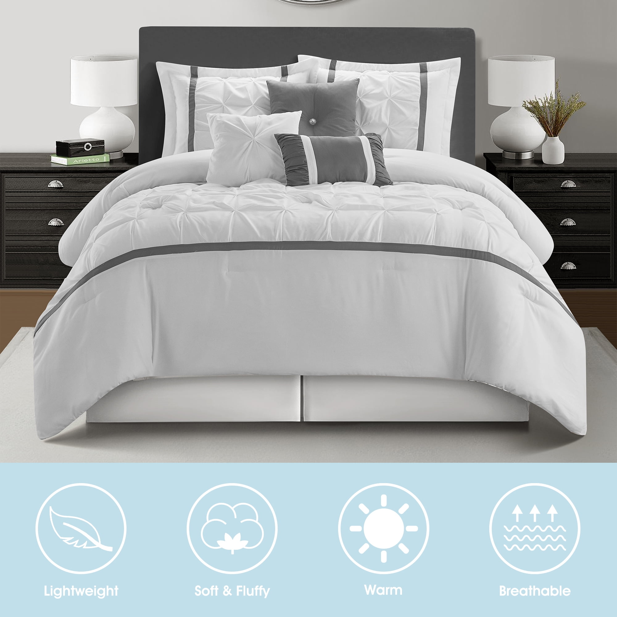 Lanco Selene Solid Print 7 Piece Queen Comforter Set , White, Fill Polyester, Patchwork, Premium Lightweight Microfiber