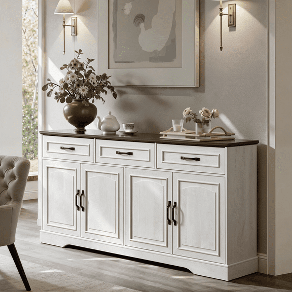 66" Large Farmhouse Sideboard Buffet Cabinet, with 3 Drawers, 4 Doors,for Dining Room
