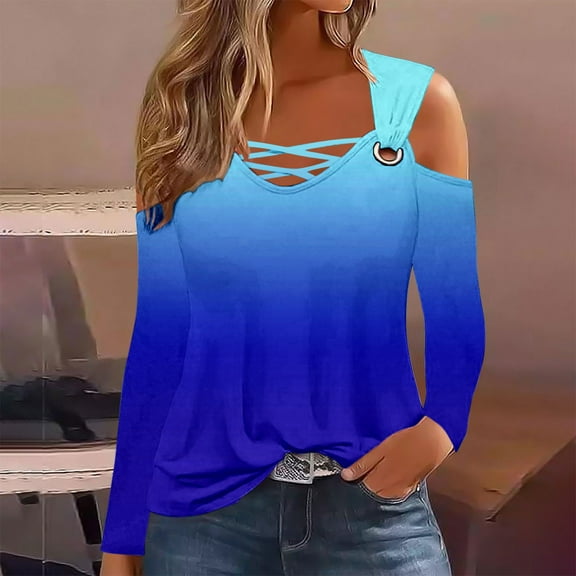 WXLWZYWL Womens Cold Shoulder Tops and Blouses, Long Sleeve Shirts Criss Cross Scoop Neck Tops Fall Clohtes 2024 Trendy