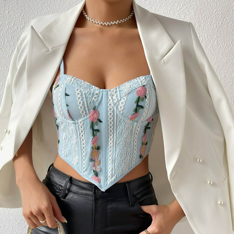 RYRJJ On Clearance Womens Sexy Bustier Corset Top Y2K Eyelet Lace Floral  Print Push Up Crop Tops Vintage Tank Top Going Out Party Clubwear  Bodice(Light Blue,S) 