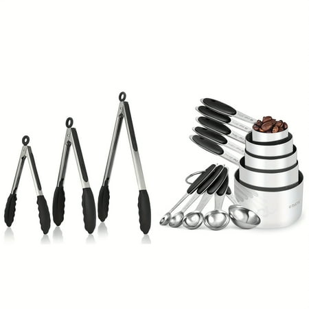 

DEKAXID 18/8 Stainless Steel Measuring Cups and Spoons Set and 600ºF High Heat-Resistant Kitchen Tong Set (Black)