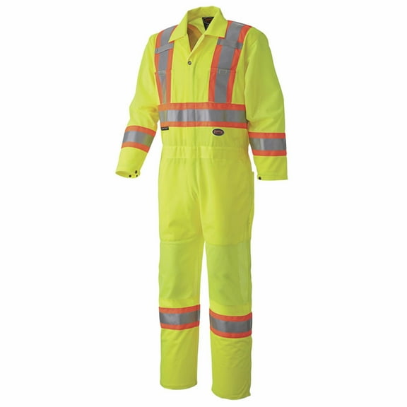 Pioneer 28" Leg Zipper with Mesh Ventilation Panel High Visibility Traffic Coverall, 7-Pocket and Radio Clip Strap, Yellow/Green, S, V1070161-S