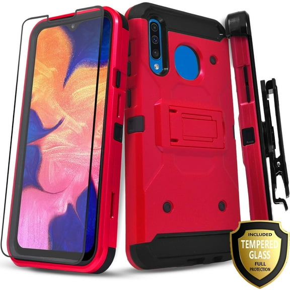 Galaxy A30 Case, With [Tempered Glass Screen Protector Included], STARSHOP Full Cover Heavy Duty Dual Layers Phone Cover with Kickstand and Locking Belt Clip-Red