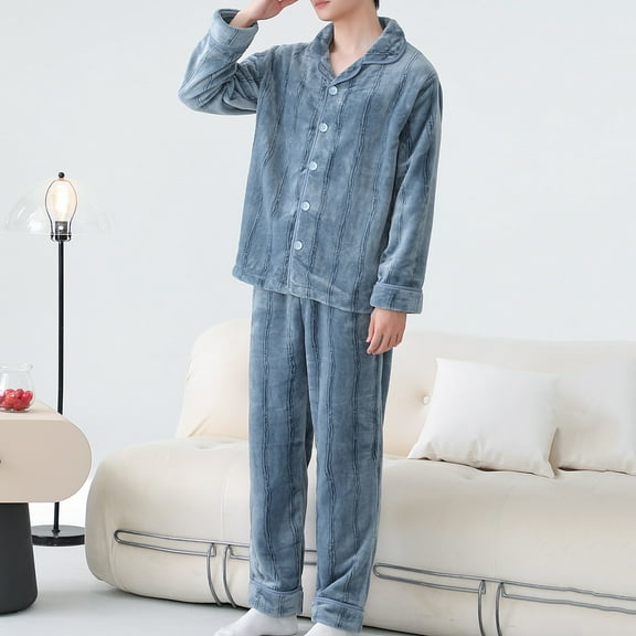 Dovford Men's Fleece Pajama Sets with Pockets, Long Sleeves Button Front Warm Pajamas Winter Sleepwear with Notched Collar