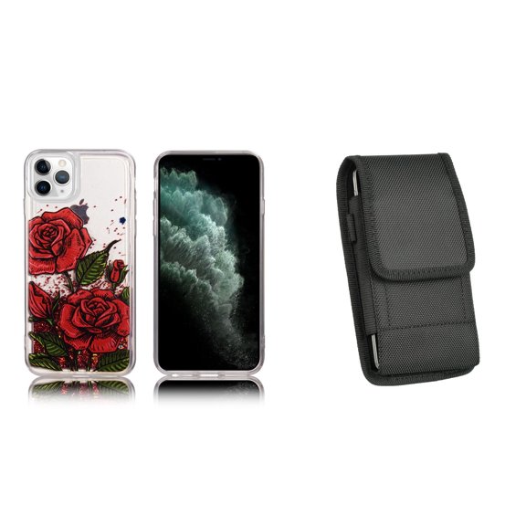 Liquid Glitter Case for iPhone 14 Pro Max and Belt Holster Pouch - Red Rose