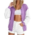 thumbnail image 2 of IUYRTFE Women's Color Block Varsity Bomber Jacket Button Down Long Sleeve Casual Baseball Coat with Pockets, 2 of 6