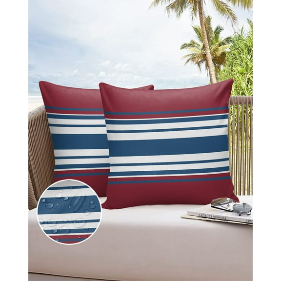 Outdoor Throw Pillow Cover American Patriotic Dark Maroon White Navy Blue Stripes Waterproof Cushion Covers 2 Pack Geometric Striped Pillow Cases Home Decoration for Patio Garden Couch Sofa