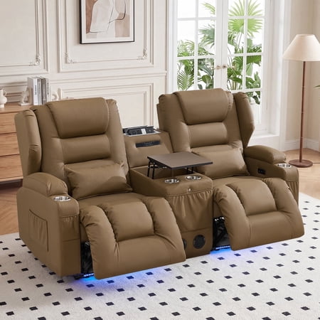 IPKIG Power Recliner Loveseat with Console, Caramel Brown Faux Leather Dual Wall Hugger Sofa with Bluetooth Speaker and LED