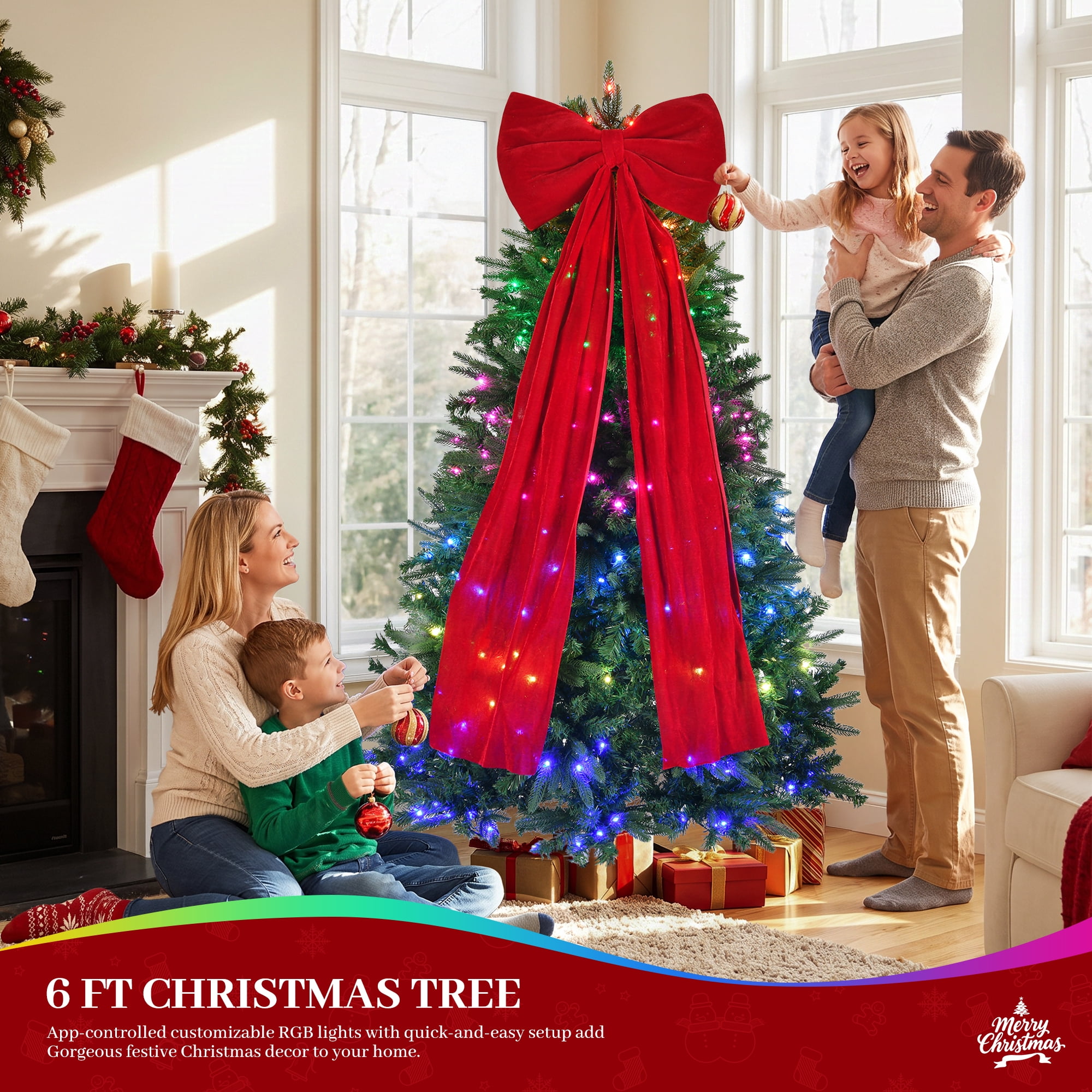 6 ft Prelit Christmas Tree with 700 LED Lights, App Control, Multi-Color RGBW Lights, Green