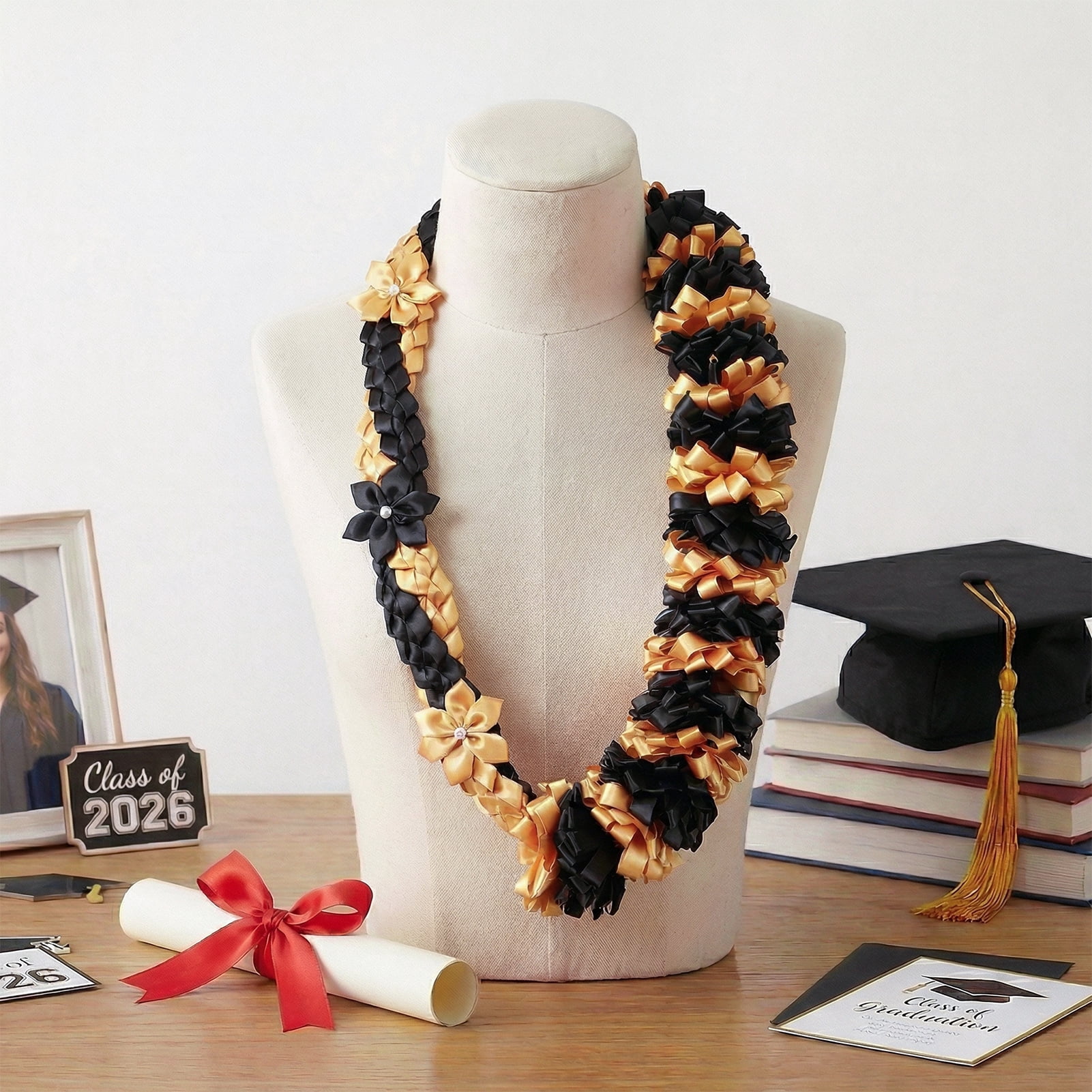 Kicpot Graduation Leis Class of 2026 Grad Ribbon Leis Double Braided Necklace Hawaiian Flower Garland with Metal Graduation Cap Hanging Keepsake Ornament for Him Her Graduation Party Decorations