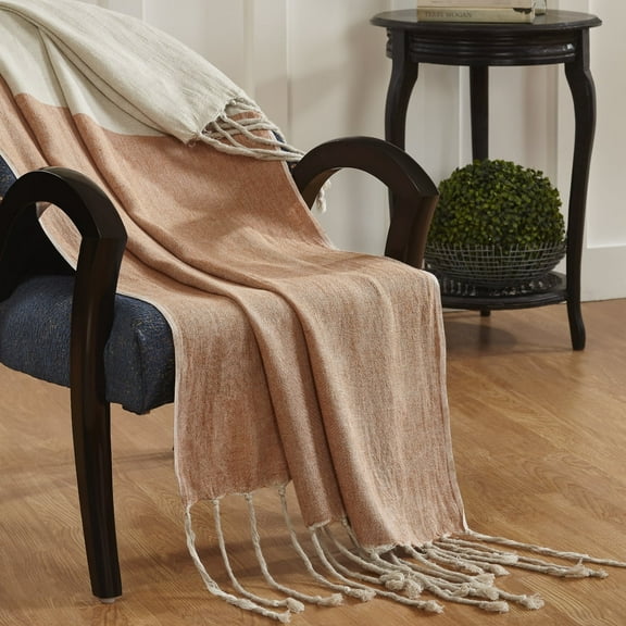 Peppermint Home Color Block Linen Throw Blanket, 50"x 70", Natural Orange