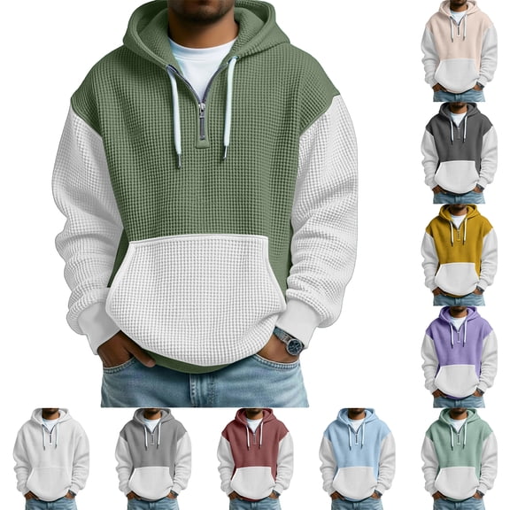 Men's Color Block Quarter-Zip Hooded Waffle Knit Sweatshirt, Thickened Fleece Texture Pullover, Fall Spring Street Style,Army Green,L