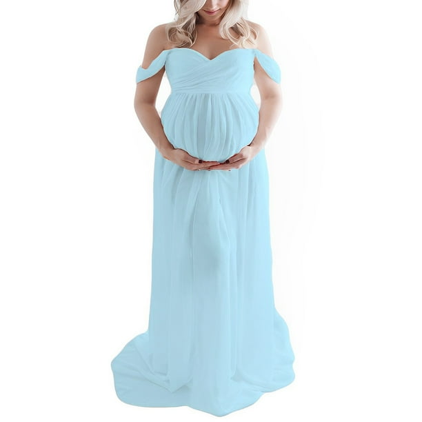 Minnieouse Vestido de fotografía de maternidad fuera del hombro vestido de gasa frente Maxi embarazo vestidos largos mujeres Photoshoot Prop Vestidos Azul claro METRO Minnieouse AP019290-18