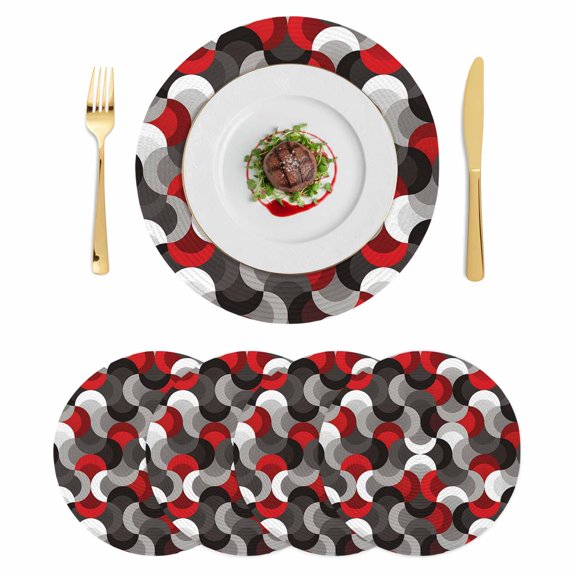 Red Grey Abstract Round 15 Inch Placemats Set of 4, Modern Geometric Ombre Artwork HeatResistant Non Slip Place Mats for Dining Table, Wipeable Braided Kitchen Table Mats for Housewarming