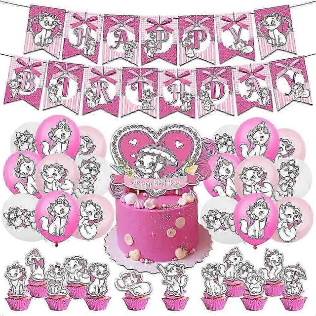 AristoCats Marie Cat Pink Theme Birthday Party Supplies Banner Balloons Kit Cake Cupcake Toppers Decorations Set