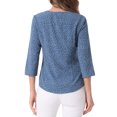 thumbnail image 3 of Blusa de mujer Inspire Chic con cuello en V, mangas 3/4, estampado de lunares y corazones, parte delantera con botones, azul denim L, 3 of 6
