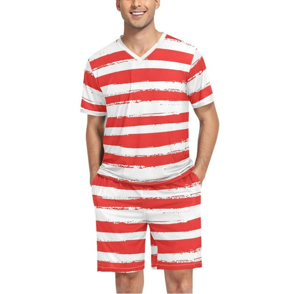 joogoo Men's Pajama Set Red and White Stripes V-Neck Pj Shorts Set 2 Piece Loungewear Sleepwear L