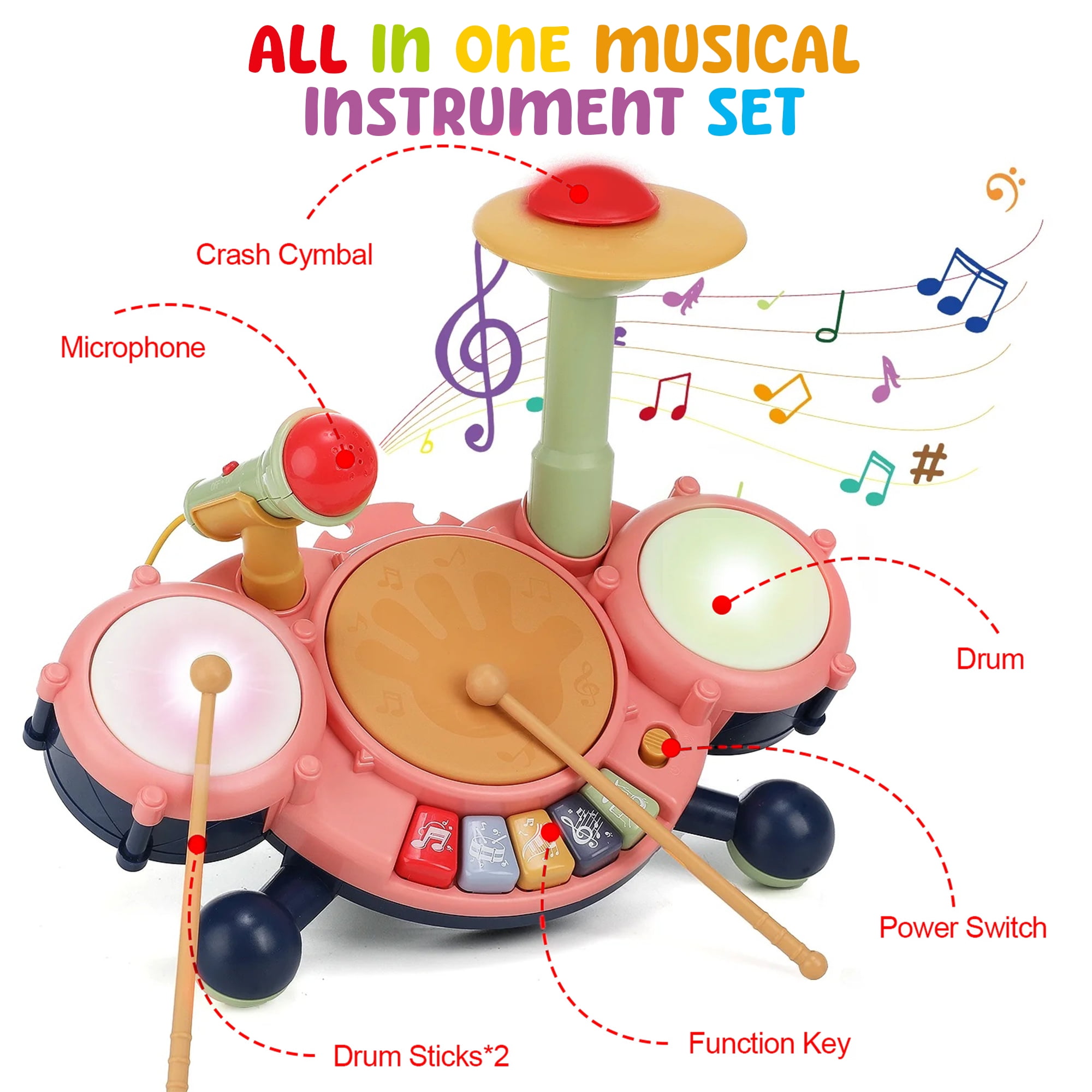 JUGAAD LIFE Drum Set for Toddler Kids, Baby Drum Set Toys Gift for 1 2 3 Year Old, Musical Instruments Learning Toys with 2 Drumsticks and Microphone (Pink)