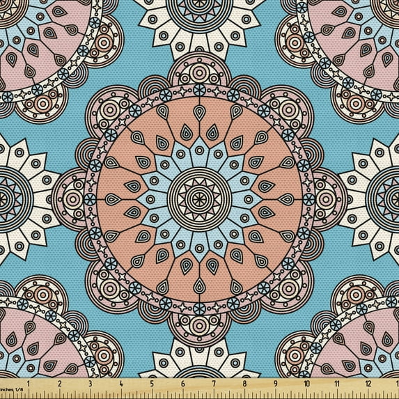 Abstract Upholstery Fabric by the Yard, Repetitive Medallion Ethnic Ornaments in Pastel Tones Illustration, Decorative Fabric for DIY and Home Accents, Deep Sky Blue Multicolor by Ambesonne