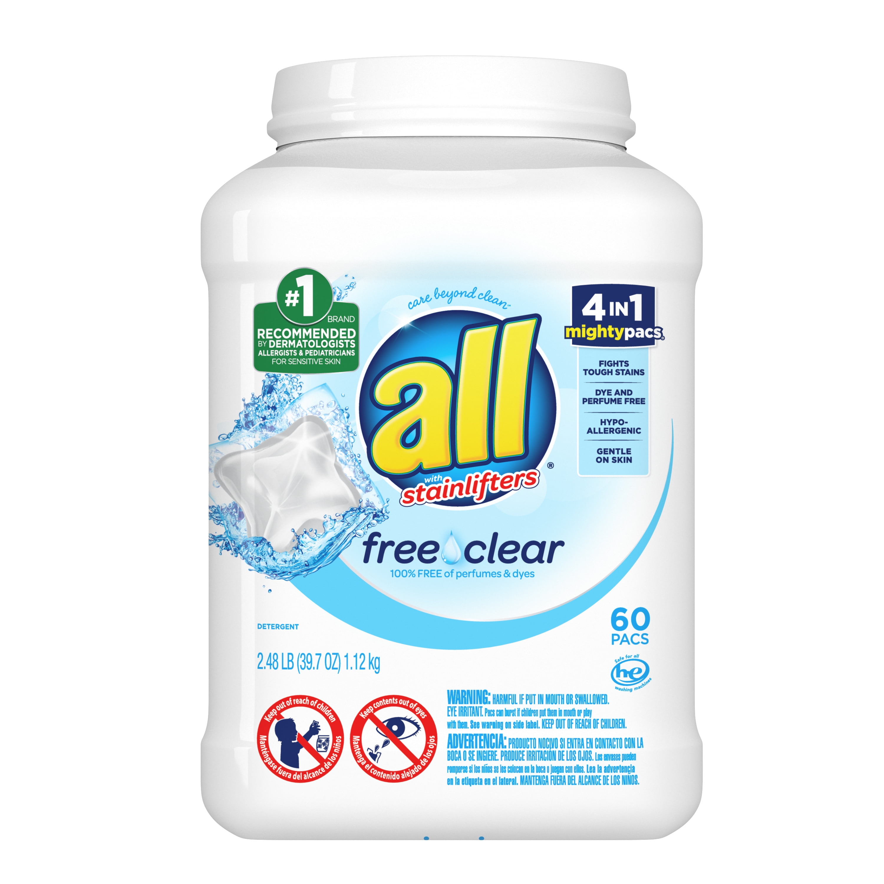 all Mighty Pacs Laundry Detergent, Free Clear for Sensitive Skin, Tub