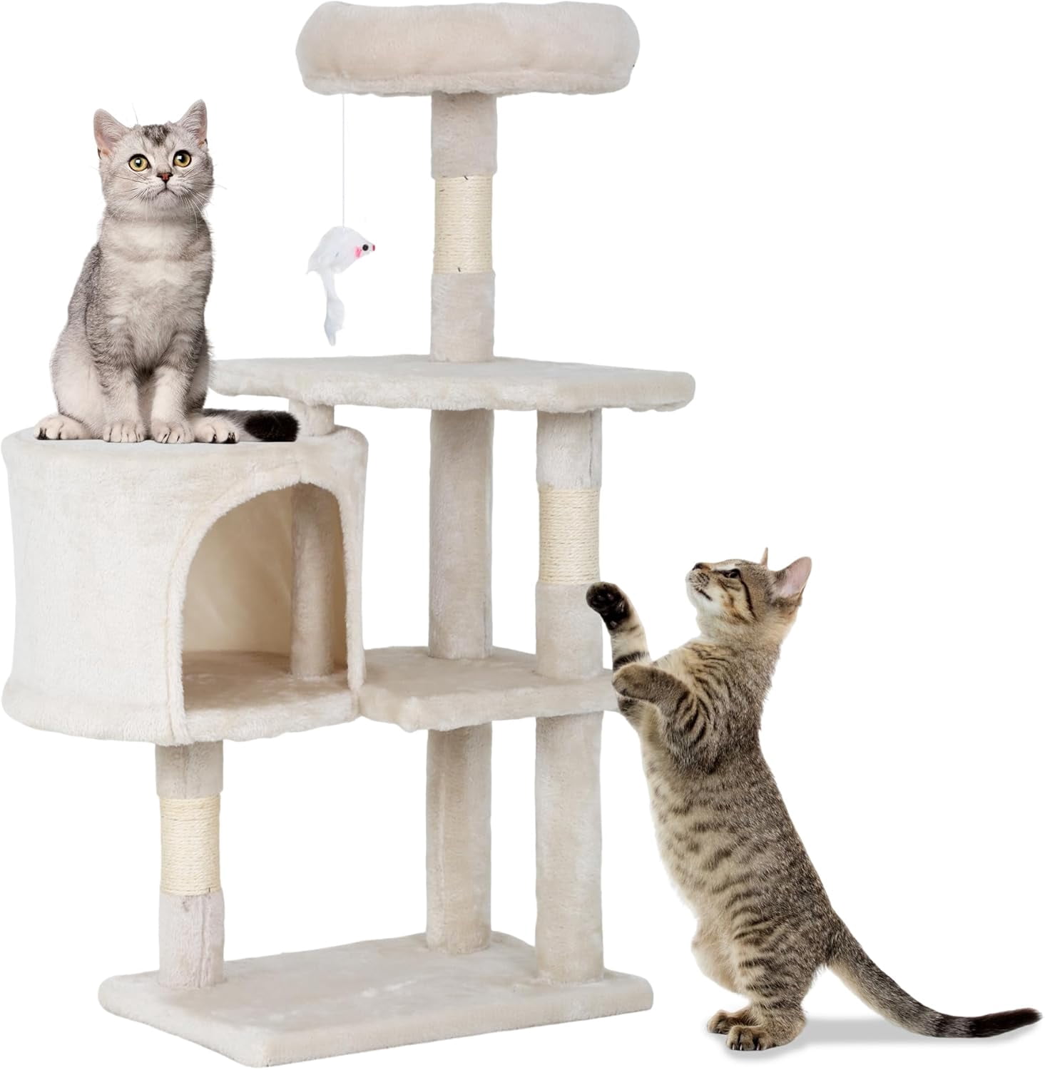CL.HPAHKL Small Cat Tree for Indoor Cats, 37 Inches Cat Condo Furniture Activity Centre with Scratching Posts & Perch Bed Multi-Level Cat Tree House with Funny Toys for Kittens, Pets, Beige