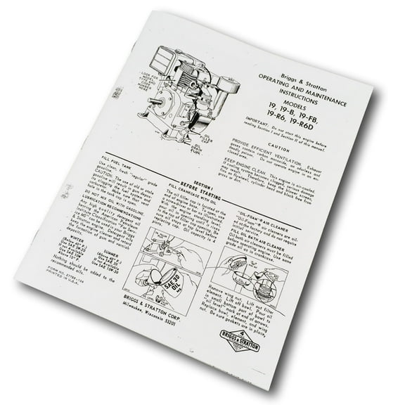 Briggs And Stratton Model 19 19-B Engine Operators Maintenance Manual Owner Bs &