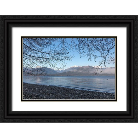 Jaynes Gallery 32x23 Black Ornate Wood Framed with Double Matting Museum Art Print Titled - Washington State-Seabeck Winter morning on Hood Canal beach
