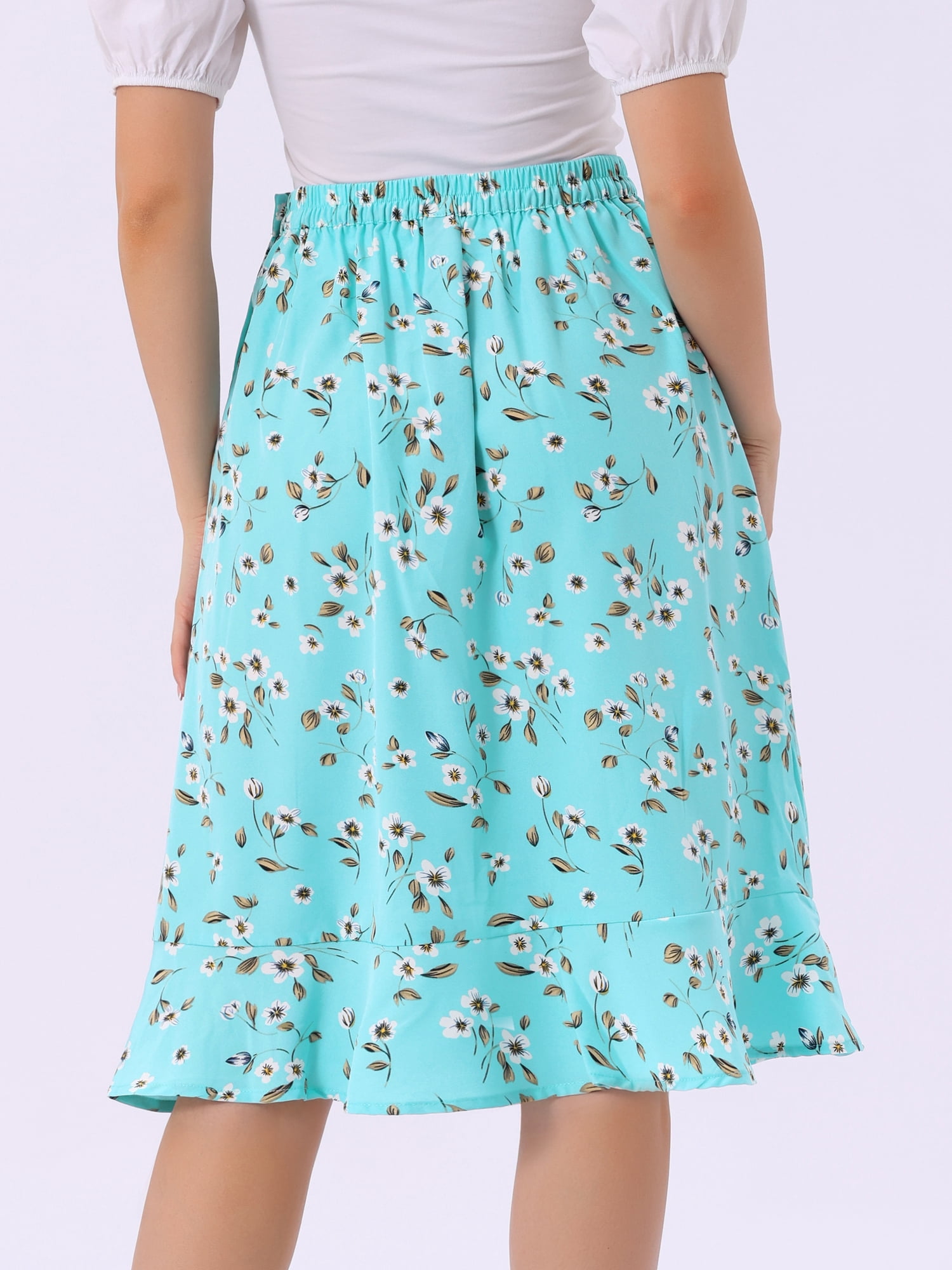 DARING DIVA Women's Floral Ruffle High Waist Flowy A-Line Skirt XS Lake Blue