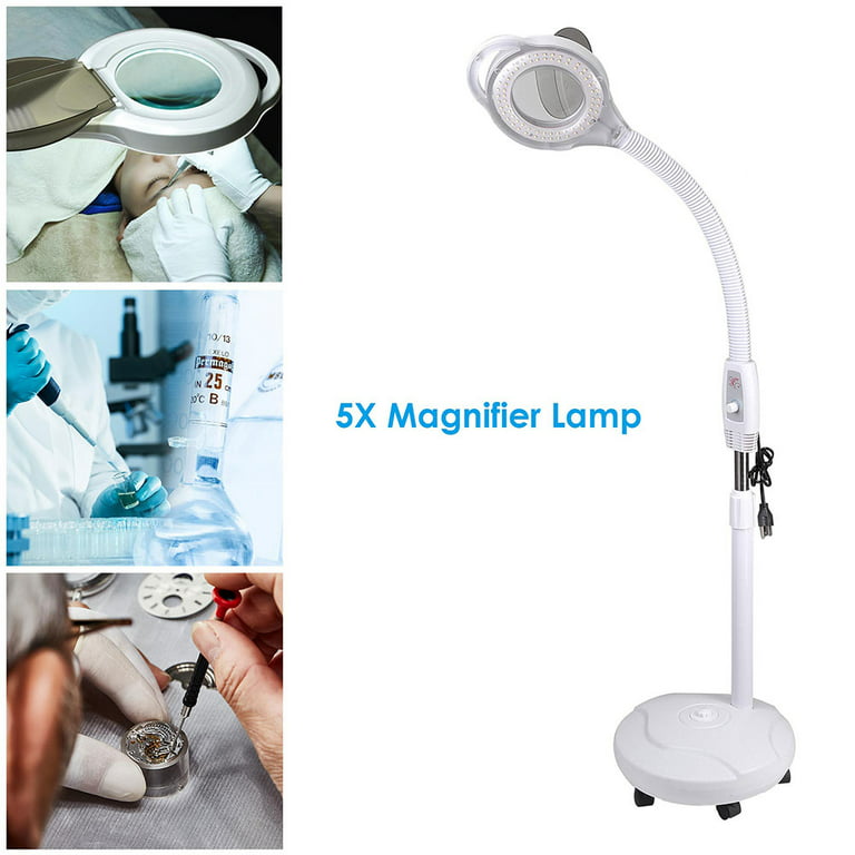 Magnifying Lamp, 5X LED Magnifier Lamp Adjustable Rolling Floor Stand  Magnifying Light Diopter for Salon Beauty Equipment US Plug (White)