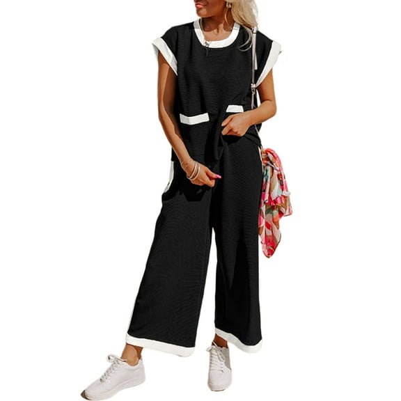 Women's Black Color Block Pocketed T-Shirt and Wide Leg Pants Set | [ZhiHiMeRi] | (US 20-22)2XL