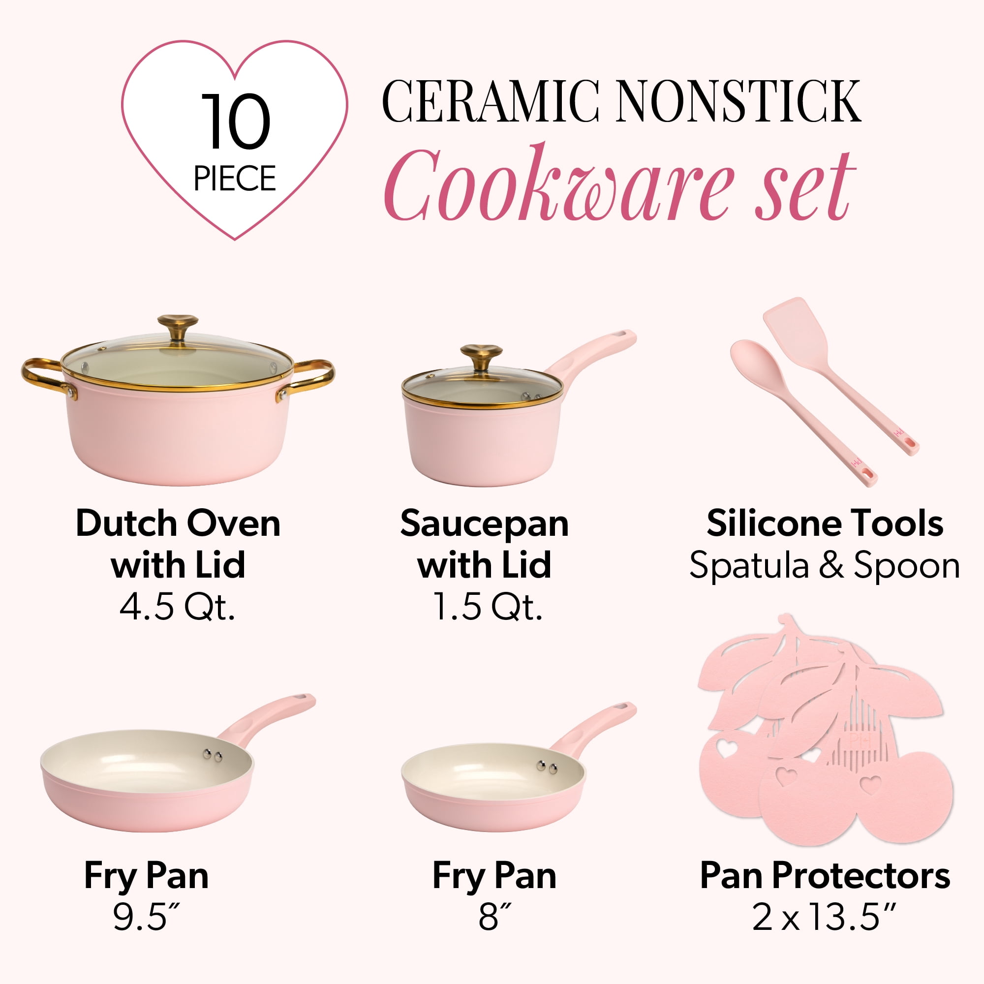 Paris Hilton 10-Piece Ceramic Nonstick Cookware Set, Cast Aluminum, Clean Ceramic Nonstick Coating, Dishwasher Safe, Pink
