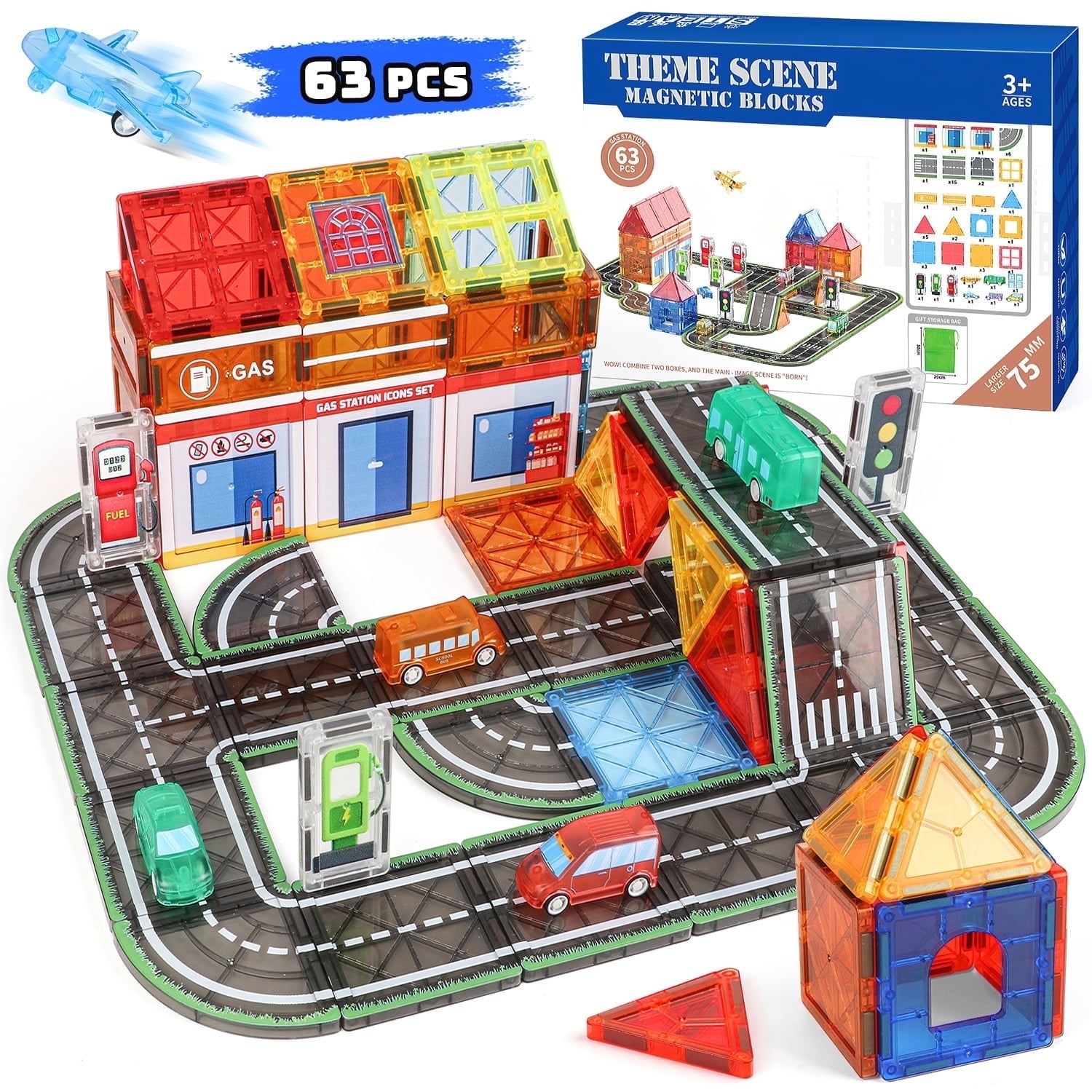 Freecat 63PCS Magnetic Tiles, Gas Stations Building Blocks Toys for Kids Ages 3-12 Years, STEM Educational Toys Christmas Birthday Gift for Kids Boys Girls.