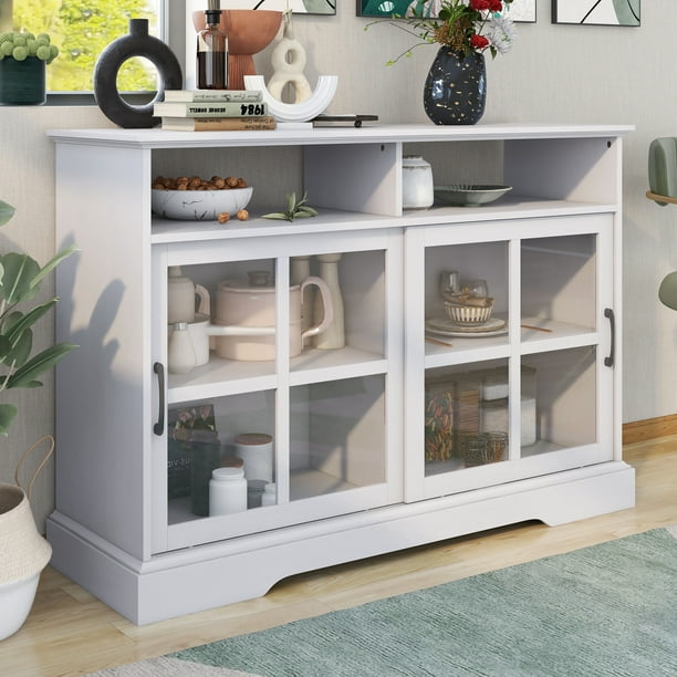 Clearance! TREXM Modern Kitchen Sideboard Buffet with 2 Glass Sliding