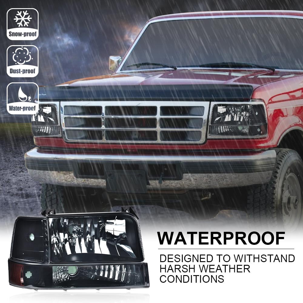 CROSSDESIGN Smoke Headlights w/Corner Signal Fit for Ford F150 F250 F350 Bronco 1992-1996