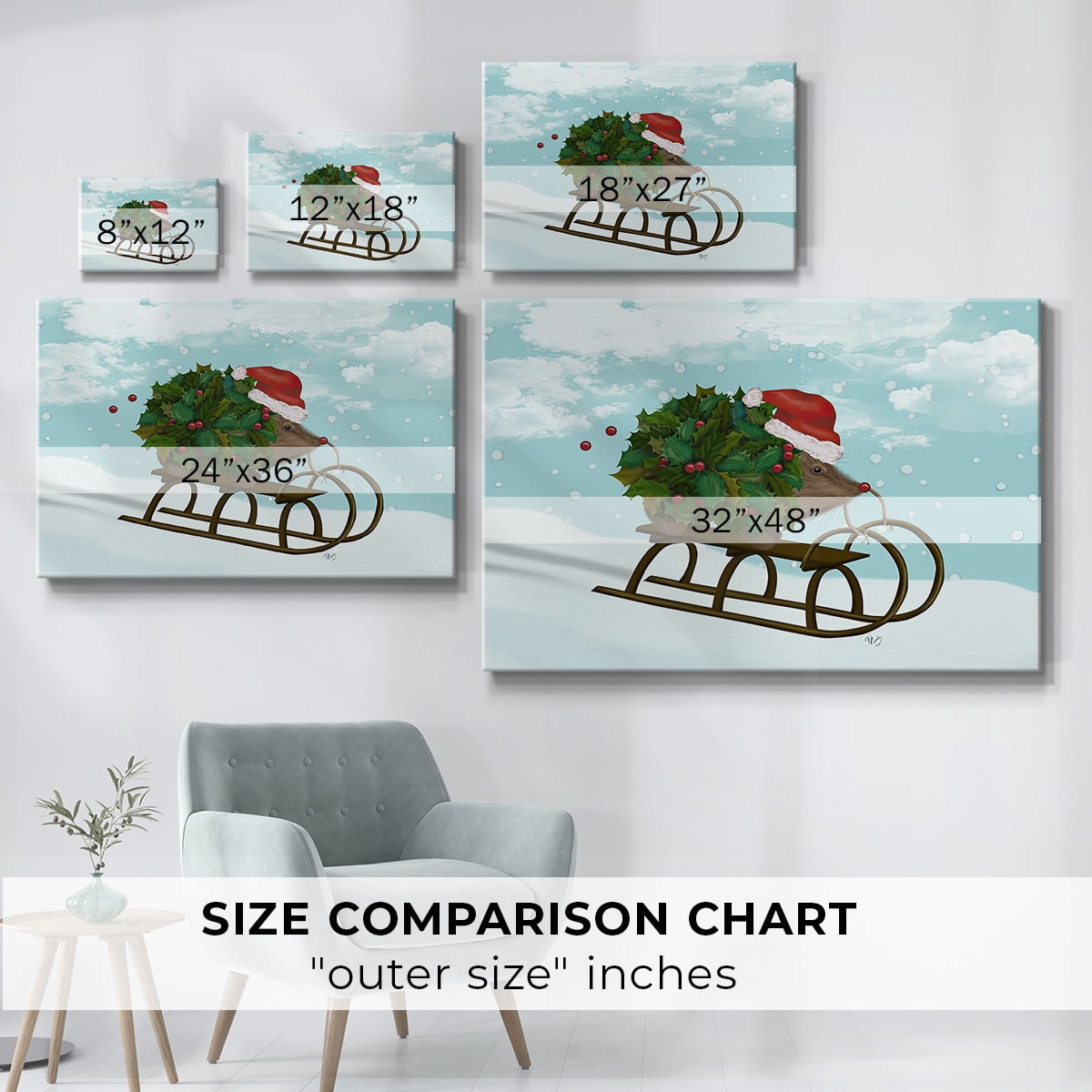 Christmas Holly Hedgehog Sledding- Gallery Wrapped Canvas