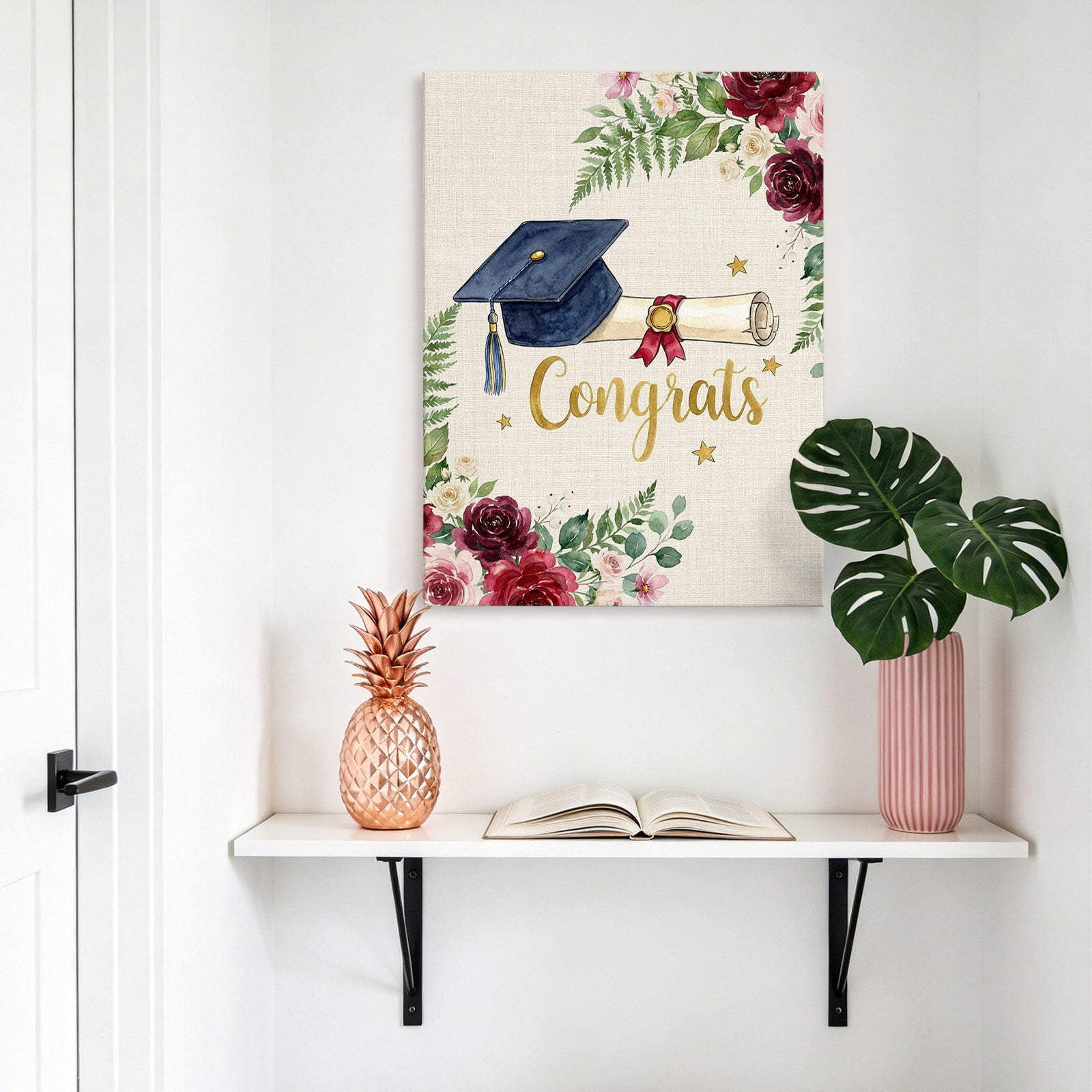 Graduate Season Canvas Wall Art for Living Room, Congrats Grad Bachelor's Cap Flower Leaf Star Wall Decor Framed Artwork Pictures Ready to Hang for Bedroom Office Home Decor