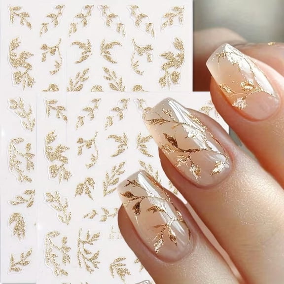 3D Gold Glitter Leaf Nail Art Stickers Self-Adhesive Foil Decals for Women