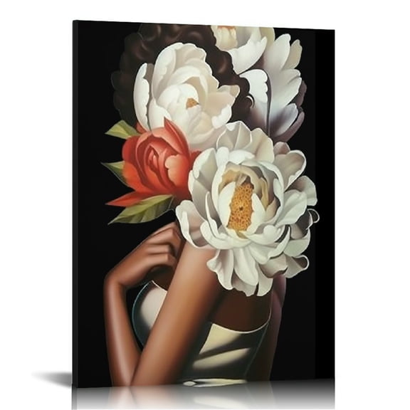 JRXY African American Wall Art White Flower on Black Women Head Vintage Canvas Art Paintings Modern Abstract Girl Picture Home Wall Decor for Bedroom Living Room Framed Ready to Hang 16x20in pattern1