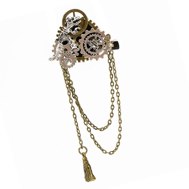 Punk Gear Hair Clip With Long Fringed Chain Metal Strong Hold Barrettes Mechanical Gear Hair Ornament Brooch Pin