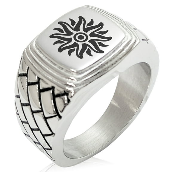 Tioneer Stainless Steel Apollo Greek God of Sun Geometric Pattern Step-Down Biker Style Polished Ring
