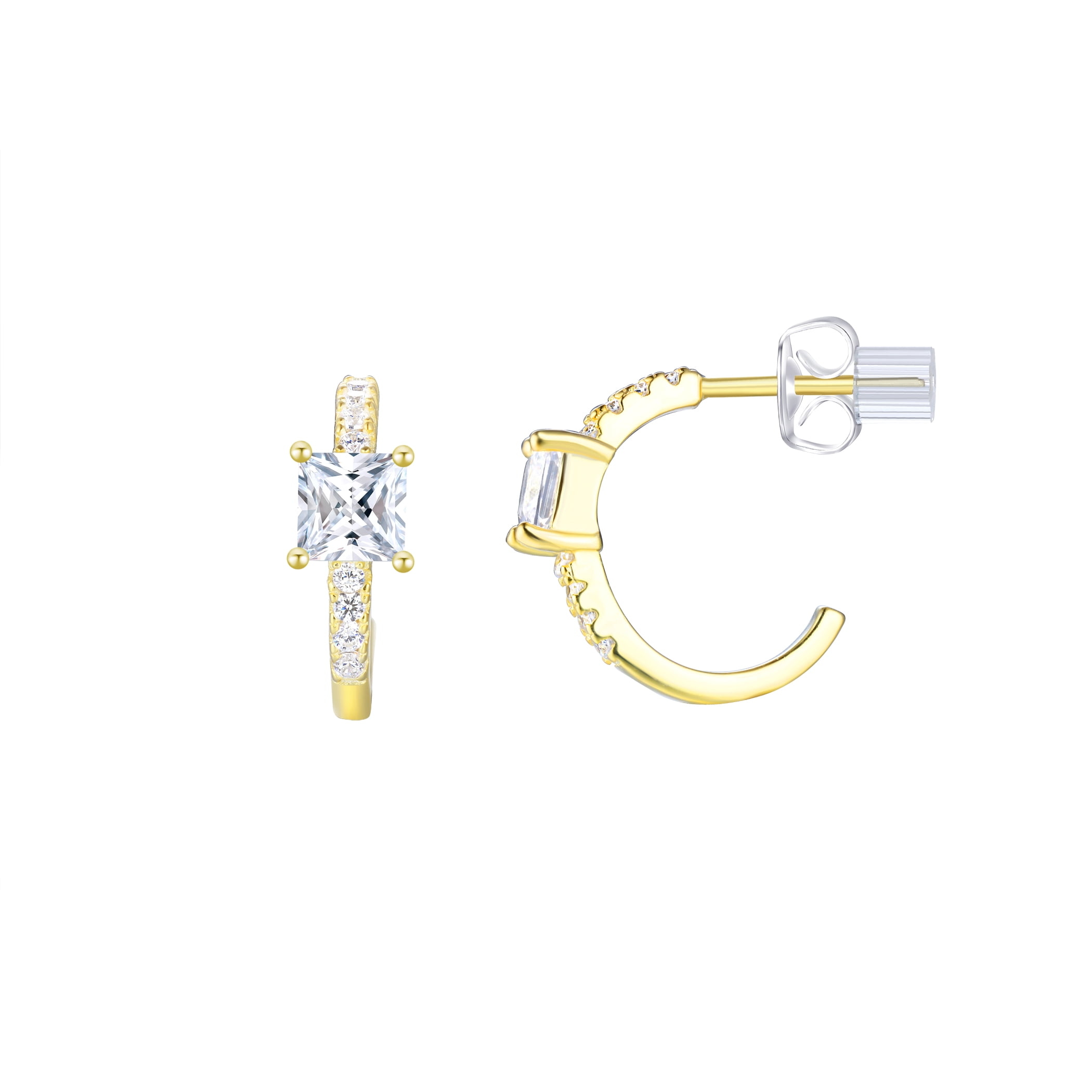 Brilliance Fine Jewelry Women's Simulated Diamond Earring Set with Baguette Hoop in 14KT Gold Plated Sterling Silver