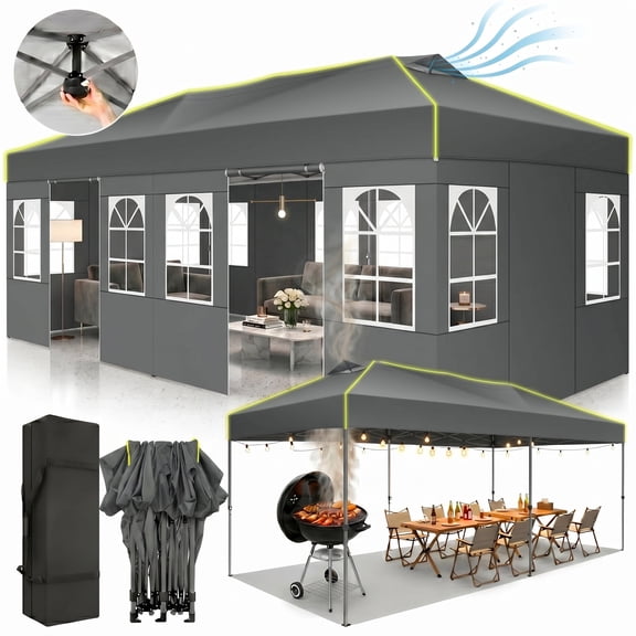COBIZI 10x20 Pop Up Canopy Tent with 6 Removable Sidewalls, One-Push Setup, Waterproof UPF 50 , Air Vent, 3 Heights, Carry Bag, Sandbags, Stakes & Ropes for Parties, Commercial & Wedding, Gray