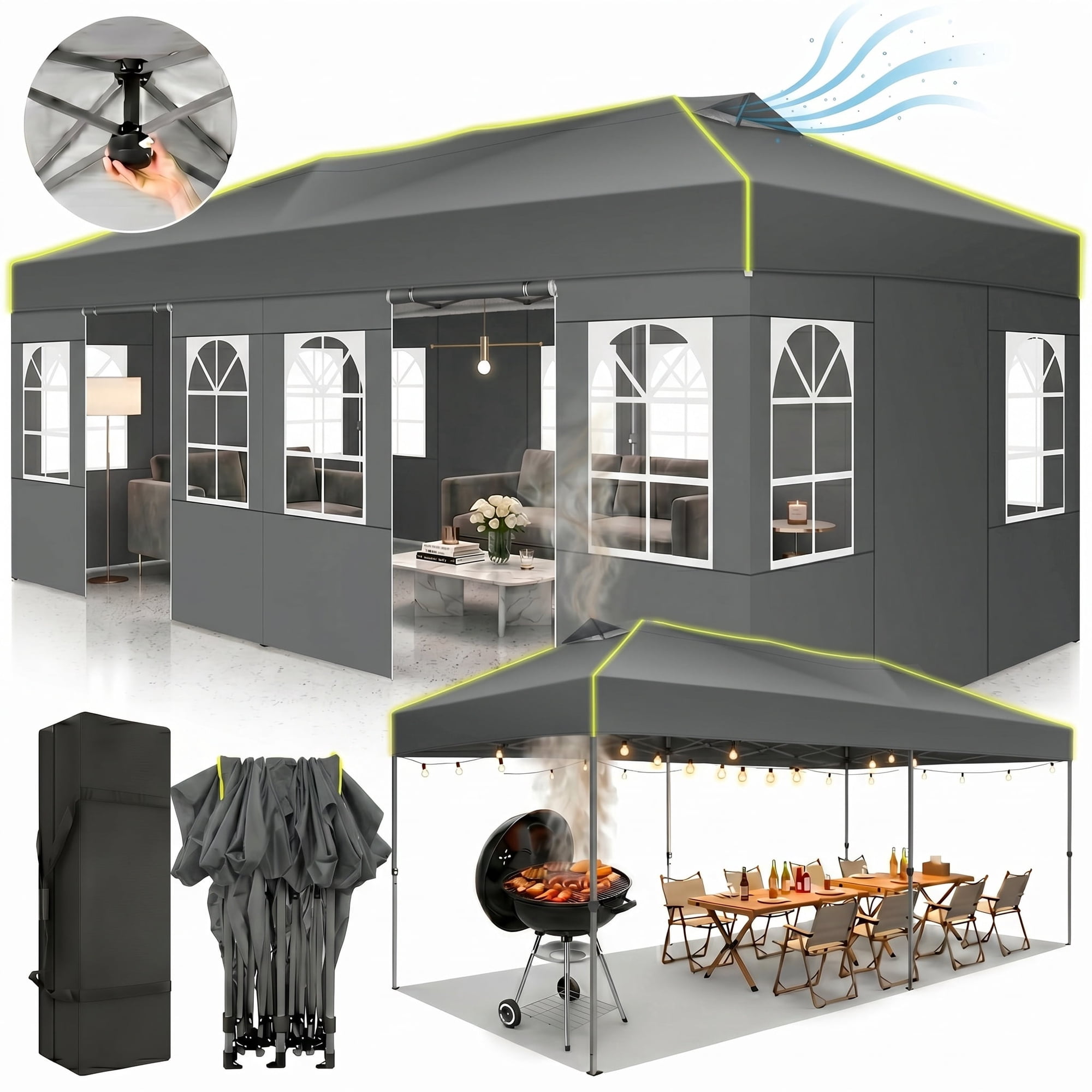 COBIZI 10x20 Pop Up Canopy Tent with 6 Removable Sidewalls, One-Push Setup, Waterproof UPF 50+, Air Vent, 3 Heights, Carry Bag, Sandbags, Stakes & Ropes for Parties, Commercial & Wedding, Gray